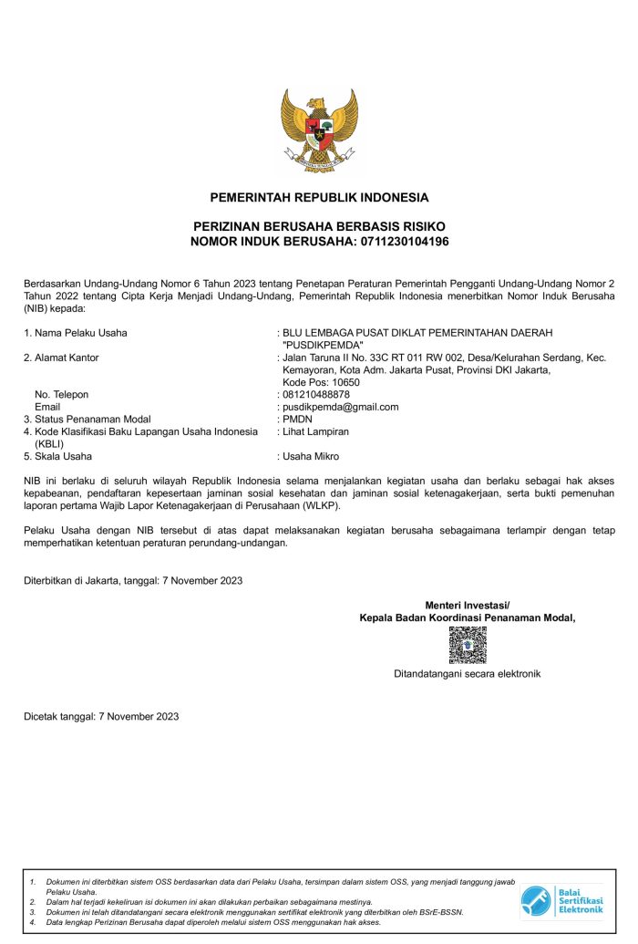 NIB KEMENTRIAN INVESTASI PUSDIKPEMDA